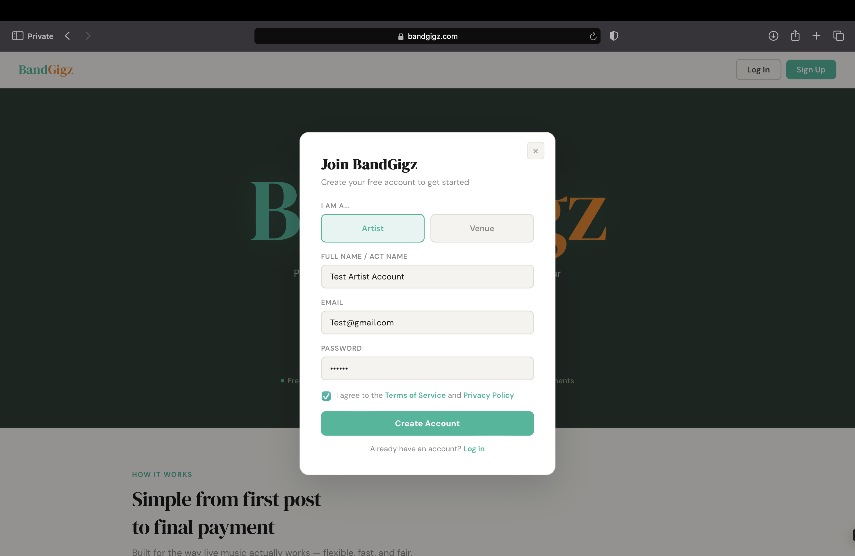 BandGigz signup modal showing role selector (Artist or Venue), full name field, email field, password field, and a required Terms of Service / Privacy Policy checkbox. There is no phone field and no SMS consent checkbox.