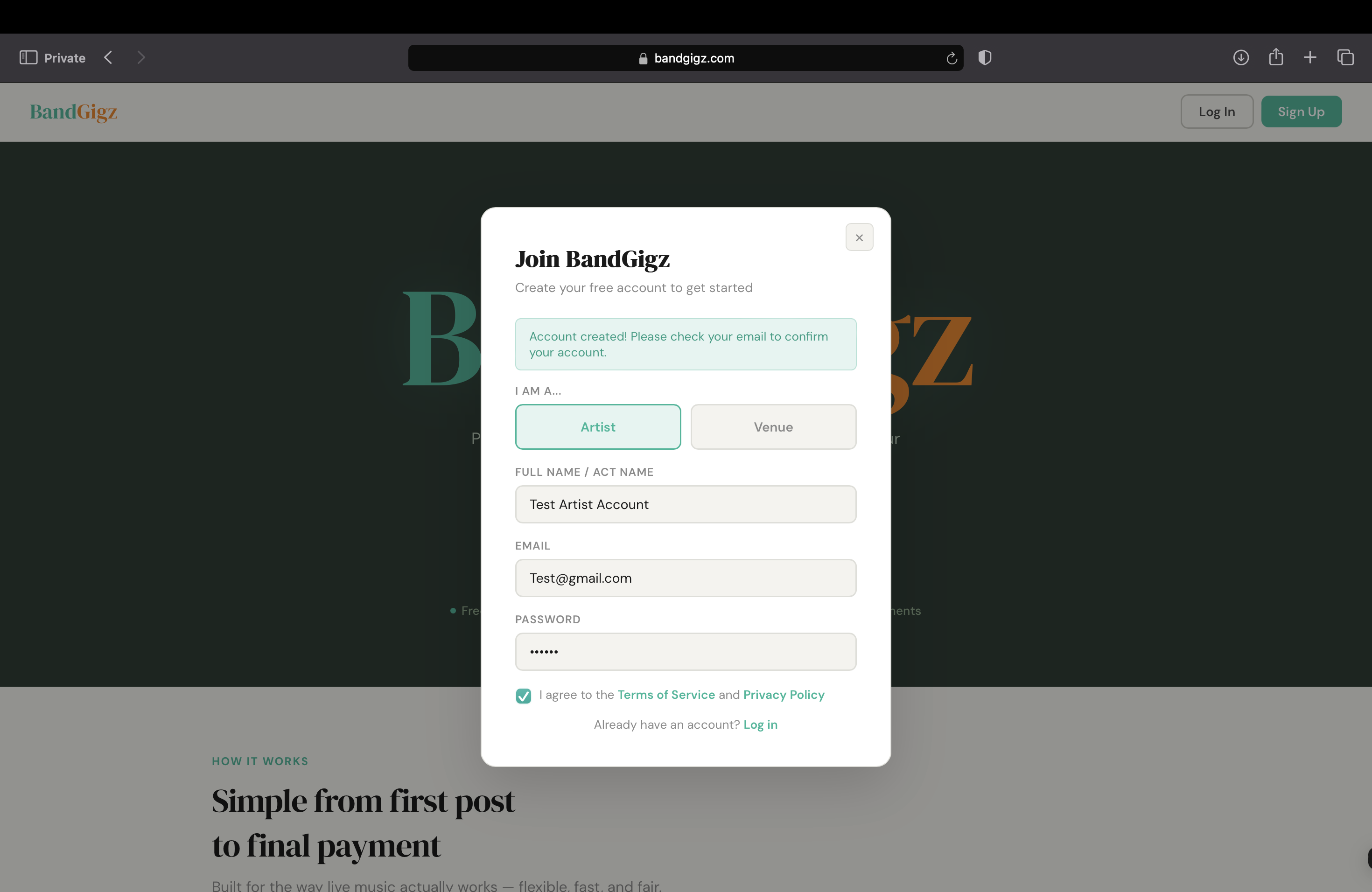The signup modal showing a green success message that reads Account created! Please check your email to confirm your account.
