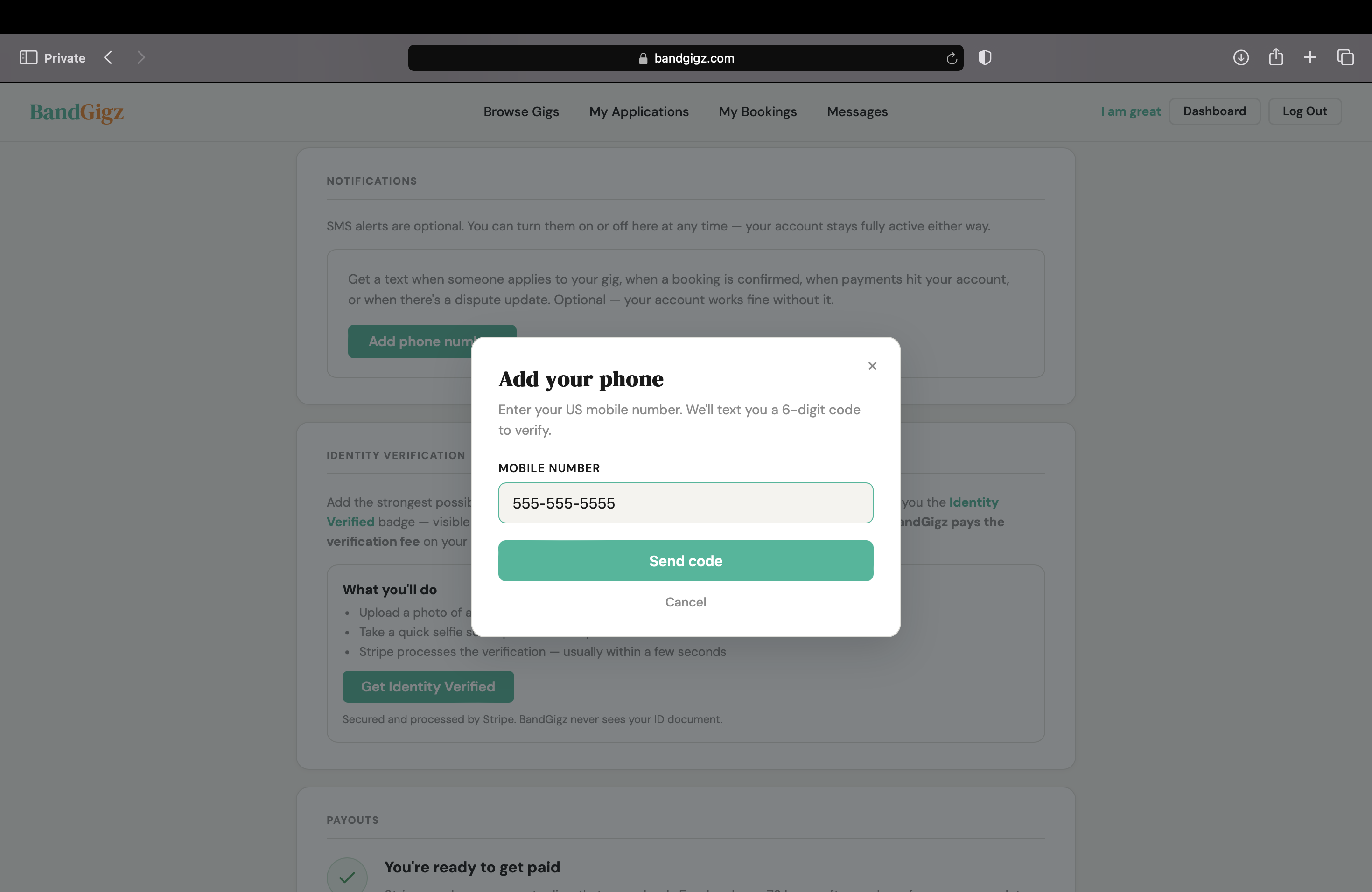 A modal titled Add your phone with explanatory subtitle Enter your US mobile number. We'll text you a 6-digit code to verify. A phone number input and a Send code button are shown.