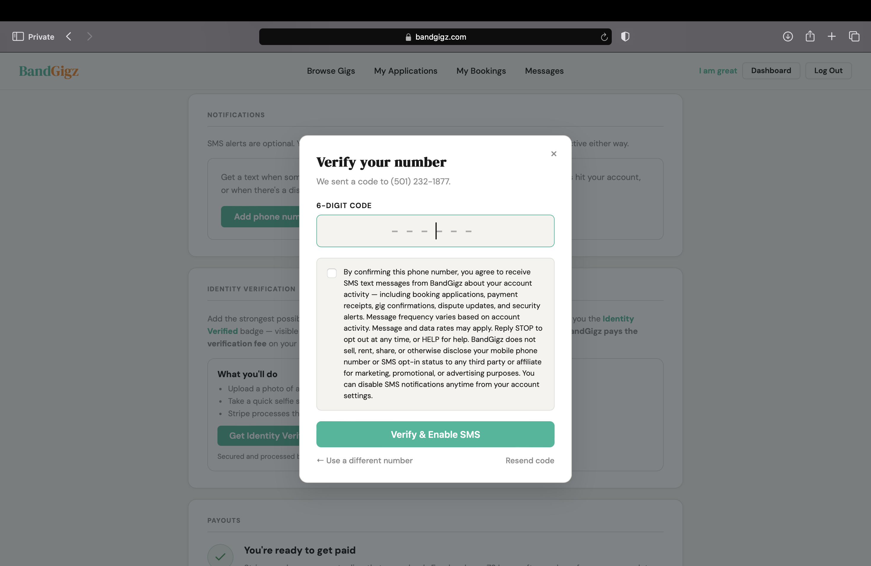 A modal titled Verify your number with a 6-digit code input and, below it, a checkbox plus the verbatim canonical consent disclosure text. A Verify & Enable SMS button is at the bottom. Use a different number and Resend code links are present.