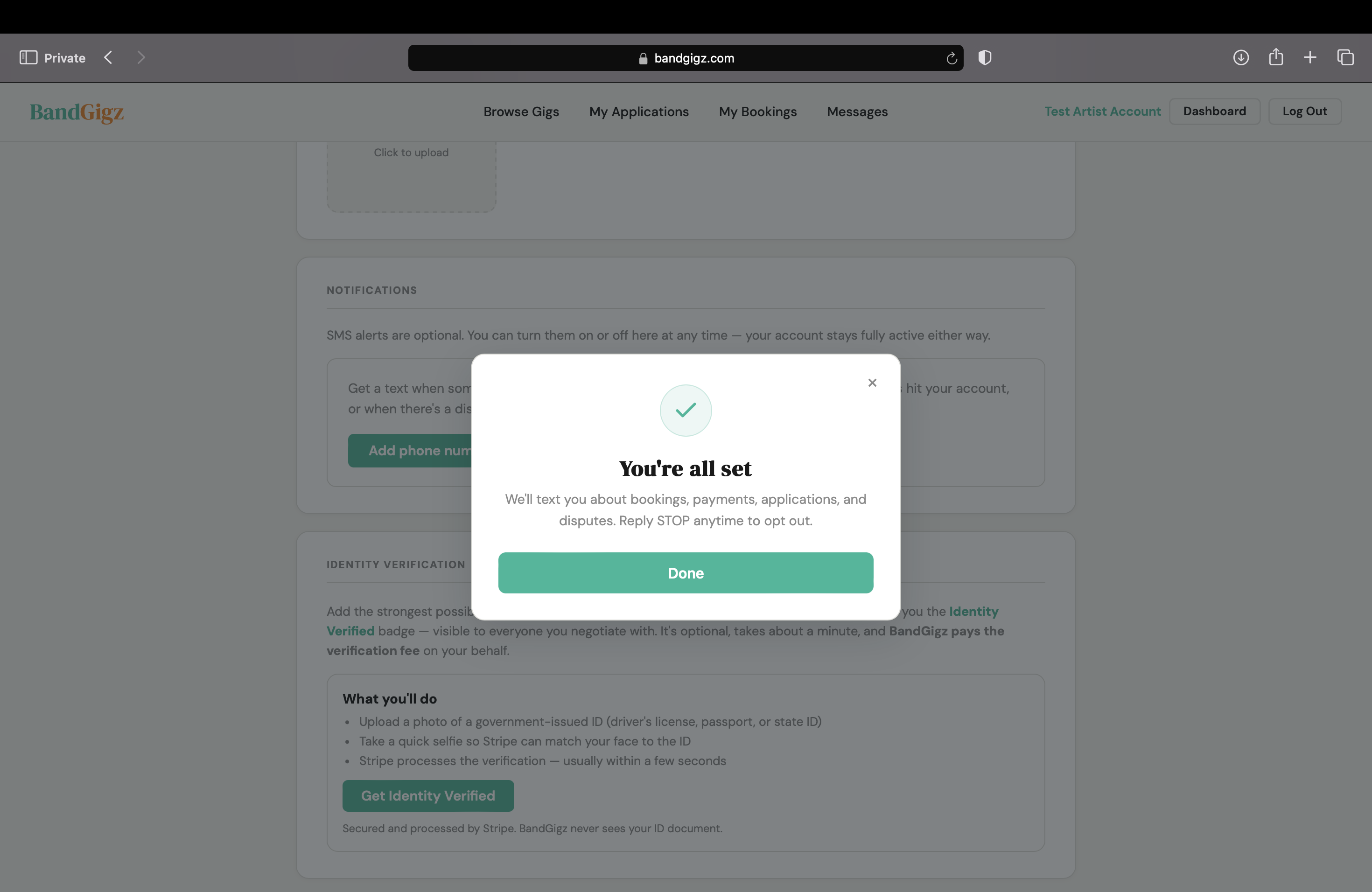 A success modal with a green check icon, headline You're all set, and explanatory text confirming that the user will receive texts about bookings, payments, applications, and disputes and can reply STOP anytime to opt out.
