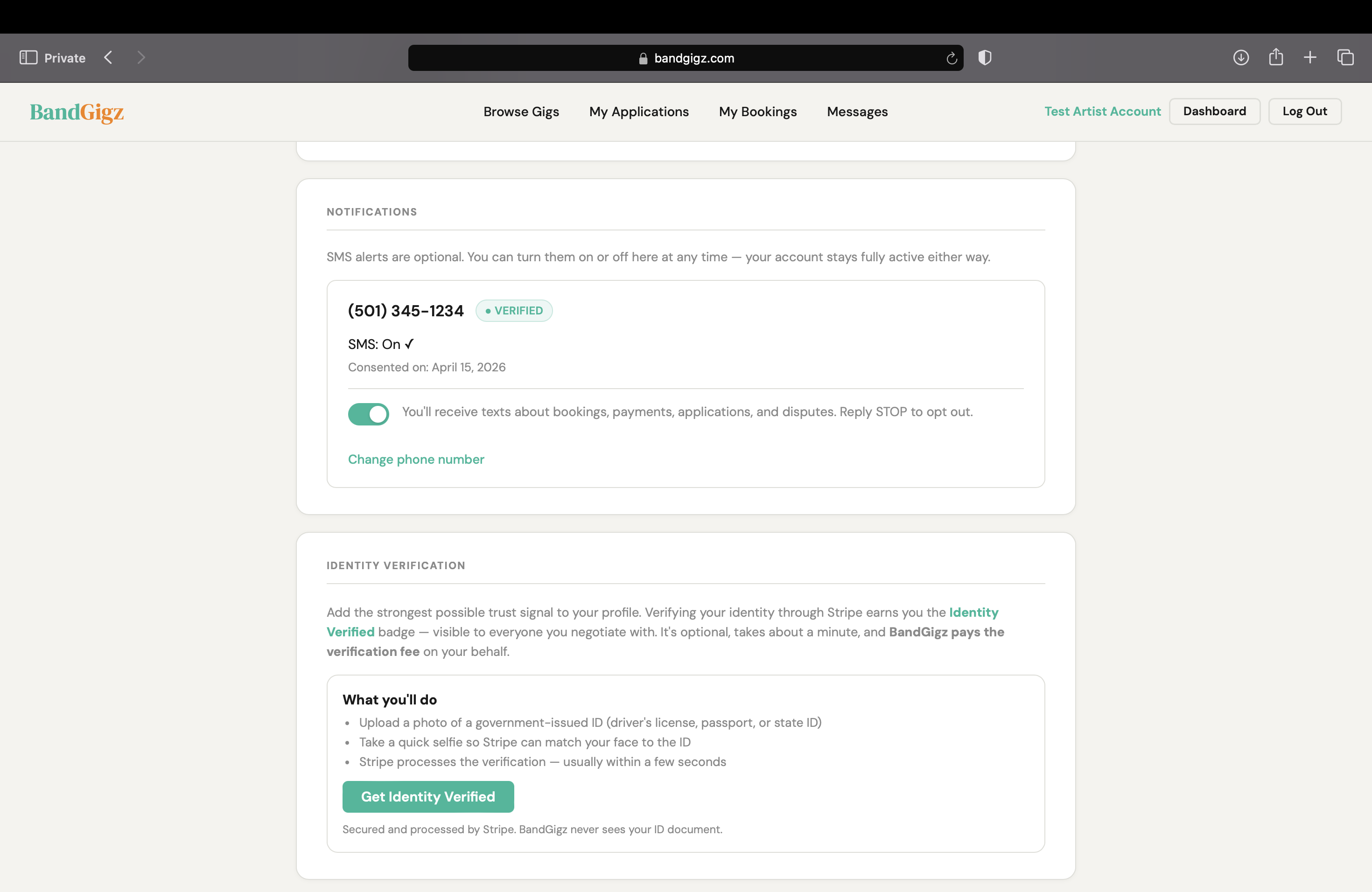 The Profile page Notifications section now showing the verified phone number, a Verified pill, SMS On status, the date the user consented, an on/off toggle, and a Change phone number link.